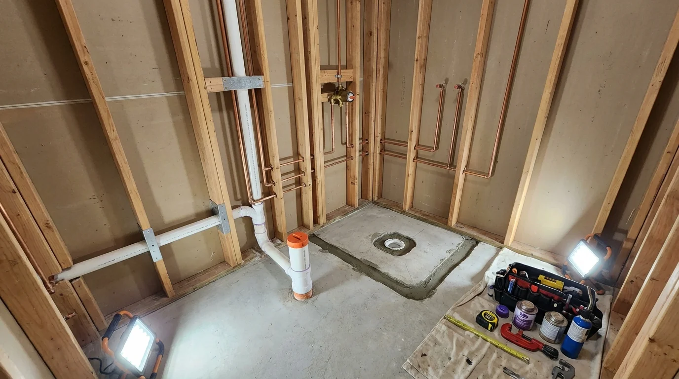 Bathroom rough-in plumbing during remodel by Johns Plumbing LLC in Gwinn