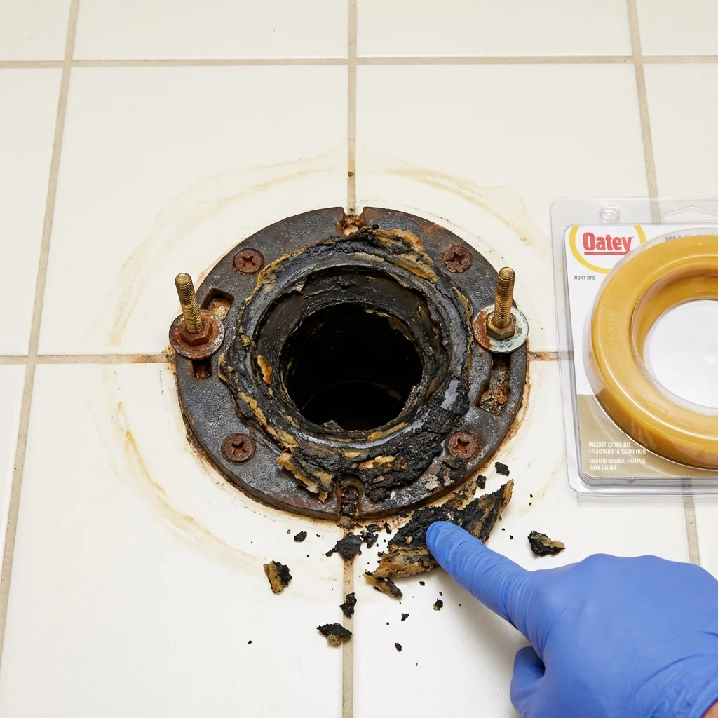 Failed wax ring showing water seepage at the base of a toilet in a Gwinn, MI home