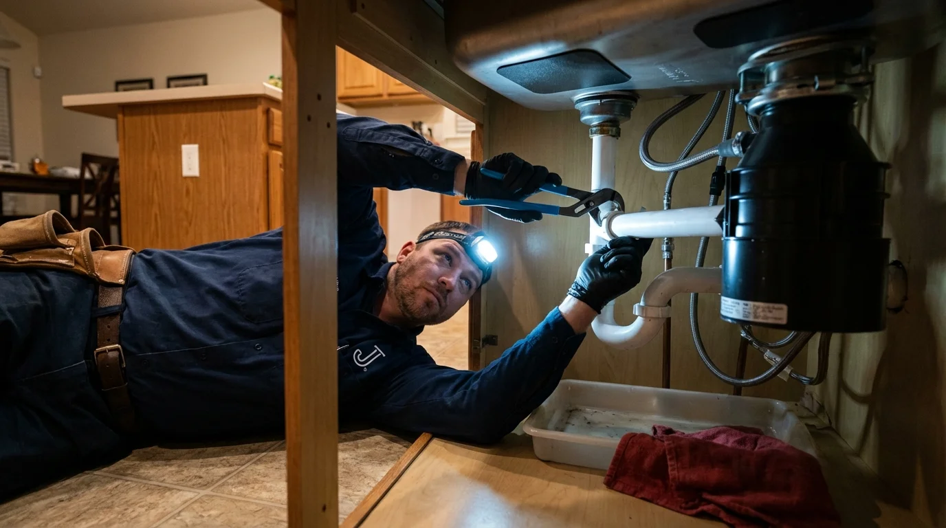 P-trap and supply line connections under a kitchen sink showing a common leak point in Gwinn, MI